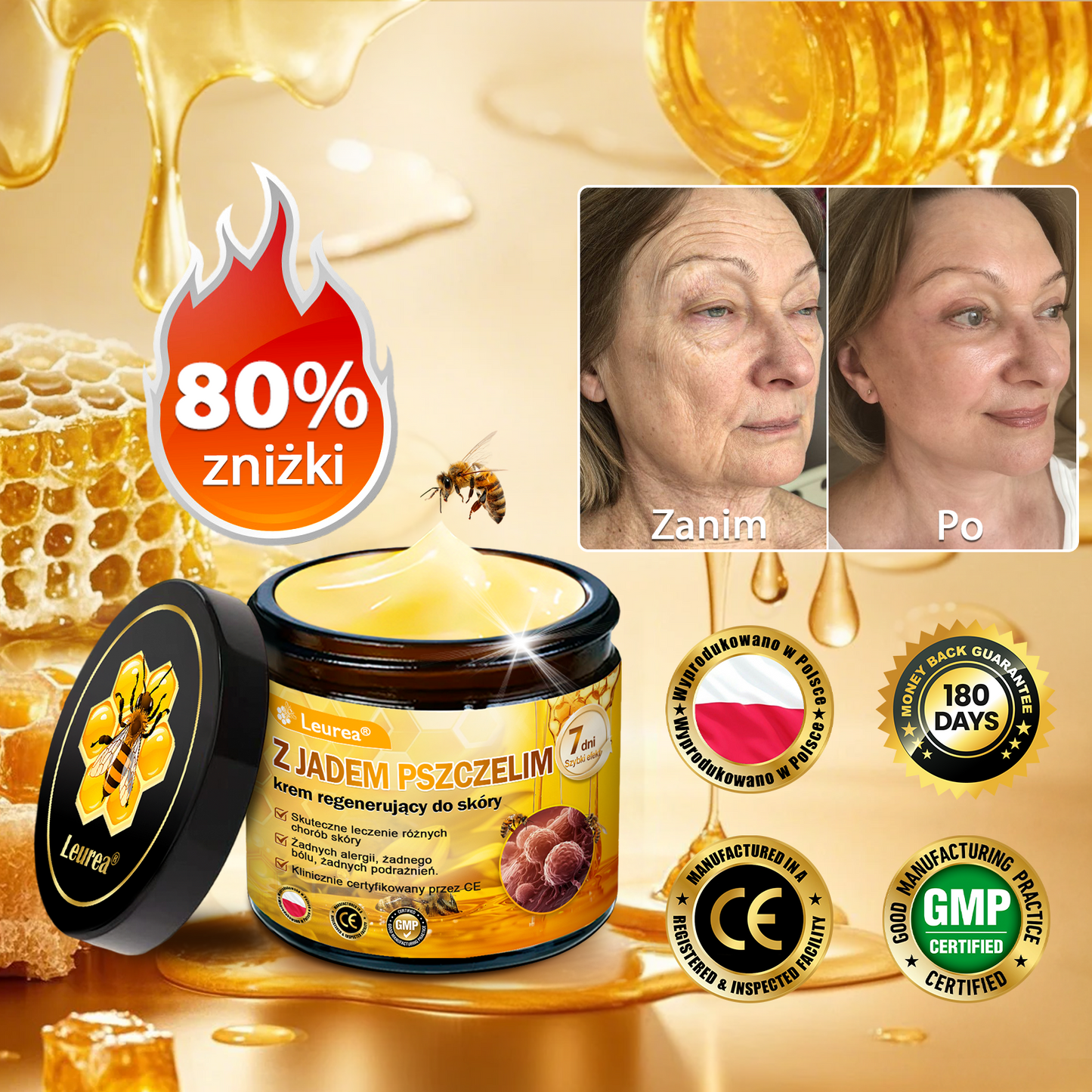 🐝✨Leurea® Krem Regenerujący z Jadem Pszczelim🔥 Naturalna regeneracja skóry, wygładzenie zmarszczek i promienna cera-50 ml
